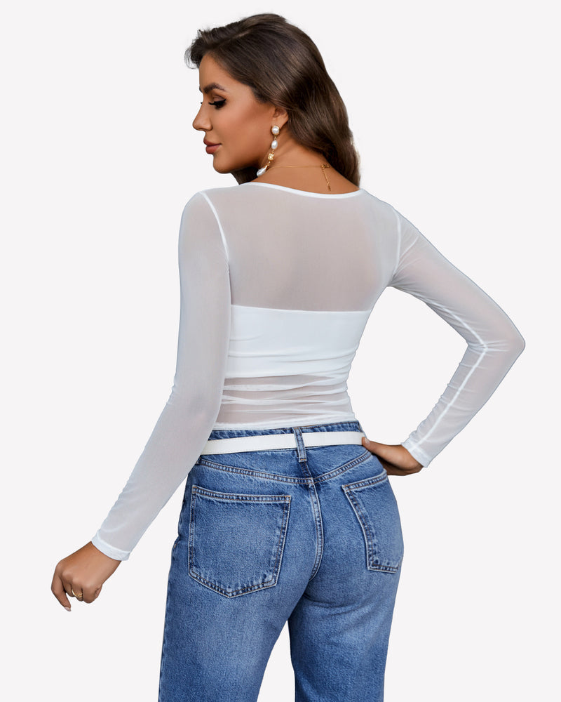 White sheer asymmetrical neckline long-sleeve crop top, back view