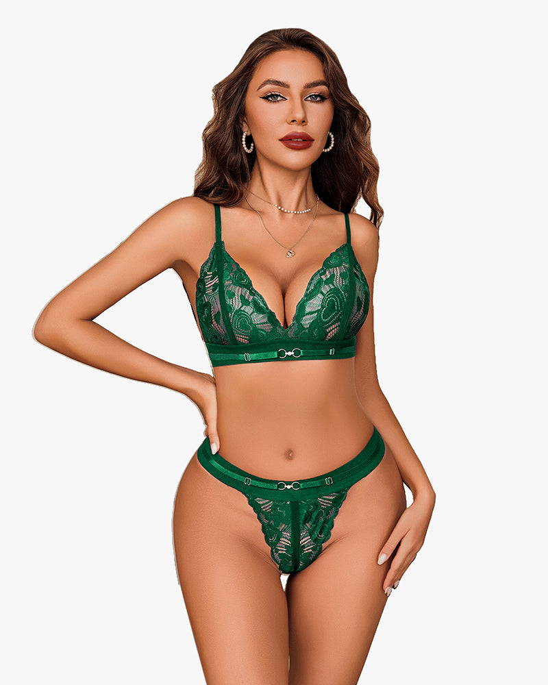 Green floral lace bra and panty set with scalloped lace trim, front view