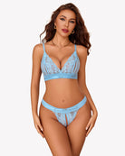 Light blue floral lace bra and panty set with scalloped lace cups