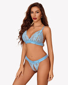 Light blue floral lace bra and panty set with matching lace thong