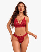 Wine red lace bra and panty set with deep V lace cups, front view