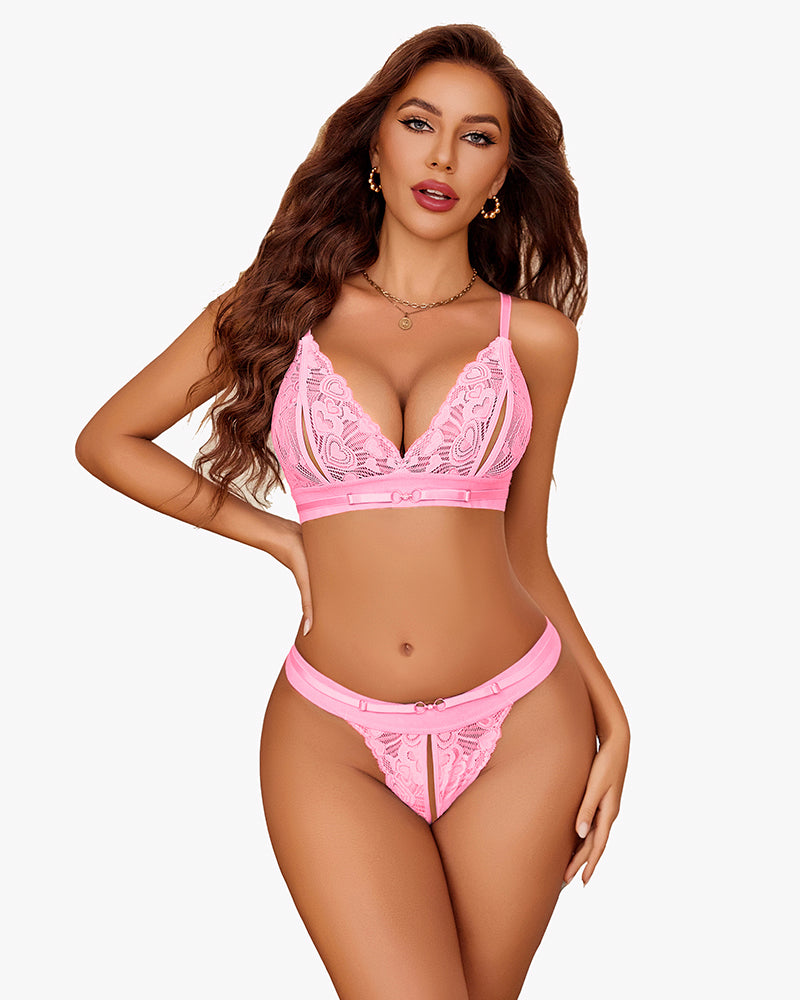 Pink lace bra and panty set with V-neck lace cups, front view