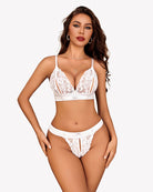White floral lace bra and panty set with scalloped lace trim and thong