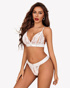 White floral lace bra and panty set with lace cups and matching thong