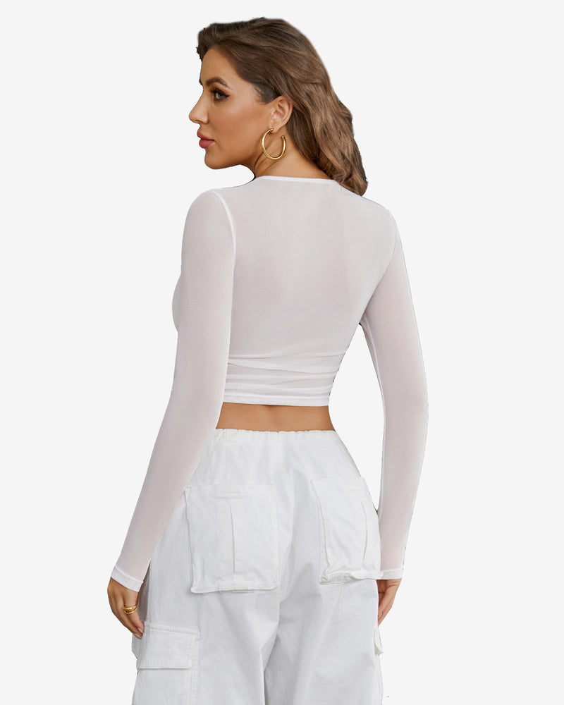 White sheer mesh long sleeve crop top, back view with crew neck