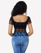 Black lace mesh short sleeve floral backless V-neck shirt, straight hem
