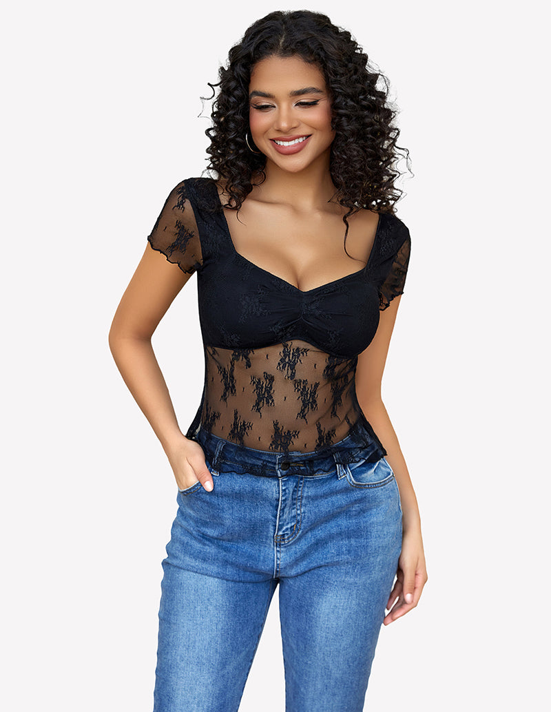 Black lace mesh short sleeve floral V-neck shirt with fitted bodice