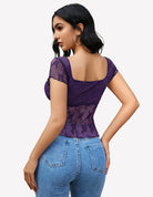 Purple lace mesh short sleeve floral scoop back shirt with fitted waist
