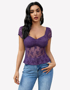 Purple lace mesh short sleeve floral V-neck shirt with draped front design
