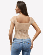 Beige lace mesh short sleeve floral scoop back shirt with fitted silhouette