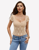 Beige lace mesh short sleeve floral V-neck shirt with textured bust detail