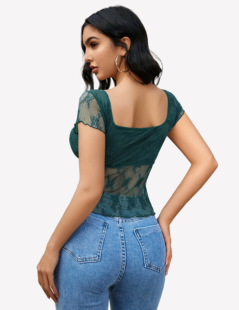 Teal lace mesh short-sleeve floral shirt with scoop back and fitted waist