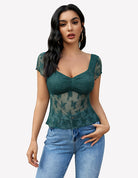 Teal lace mesh short-sleeve floral shirt with V-neck and peplum hem