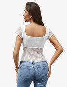 White lace mesh short-sleeve floral shirt with scoop back and scalloped sleeves