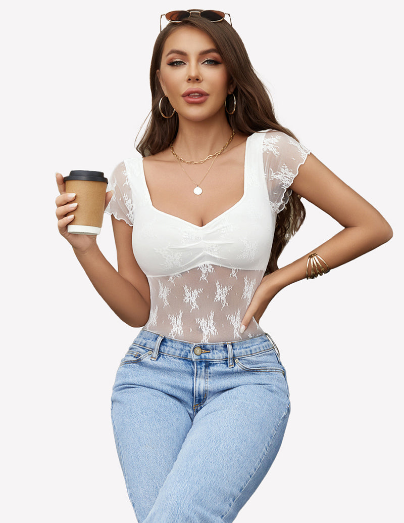 White lace mesh short-sleeve floral shirt with V-neck and peplum detail