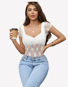 White lace mesh short-sleeve floral shirt with V-neck and peplum detail