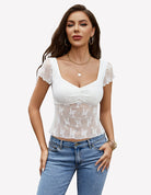 White lace mesh short-sleeve floral shirt with V-neck and scalloped sleeves