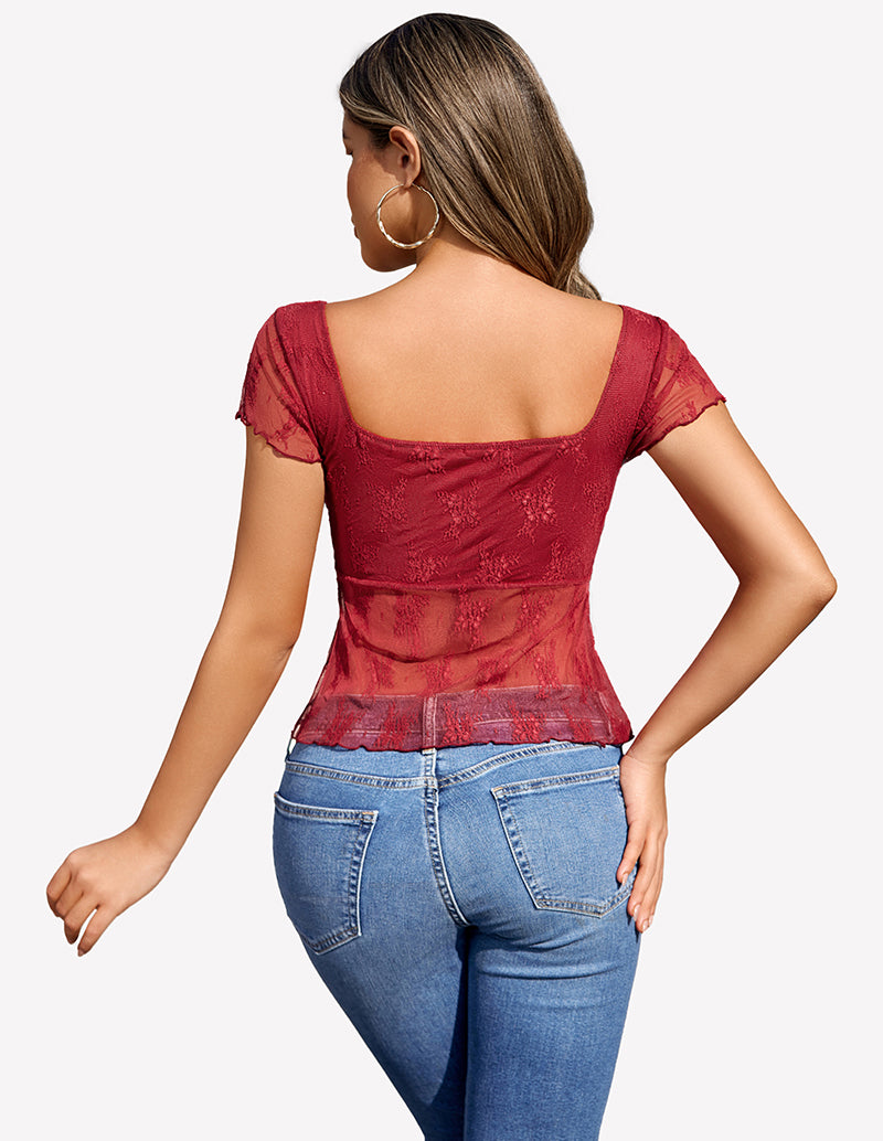 Wine red lace mesh short-sleeve floral shirt with scoop back and peplum hem