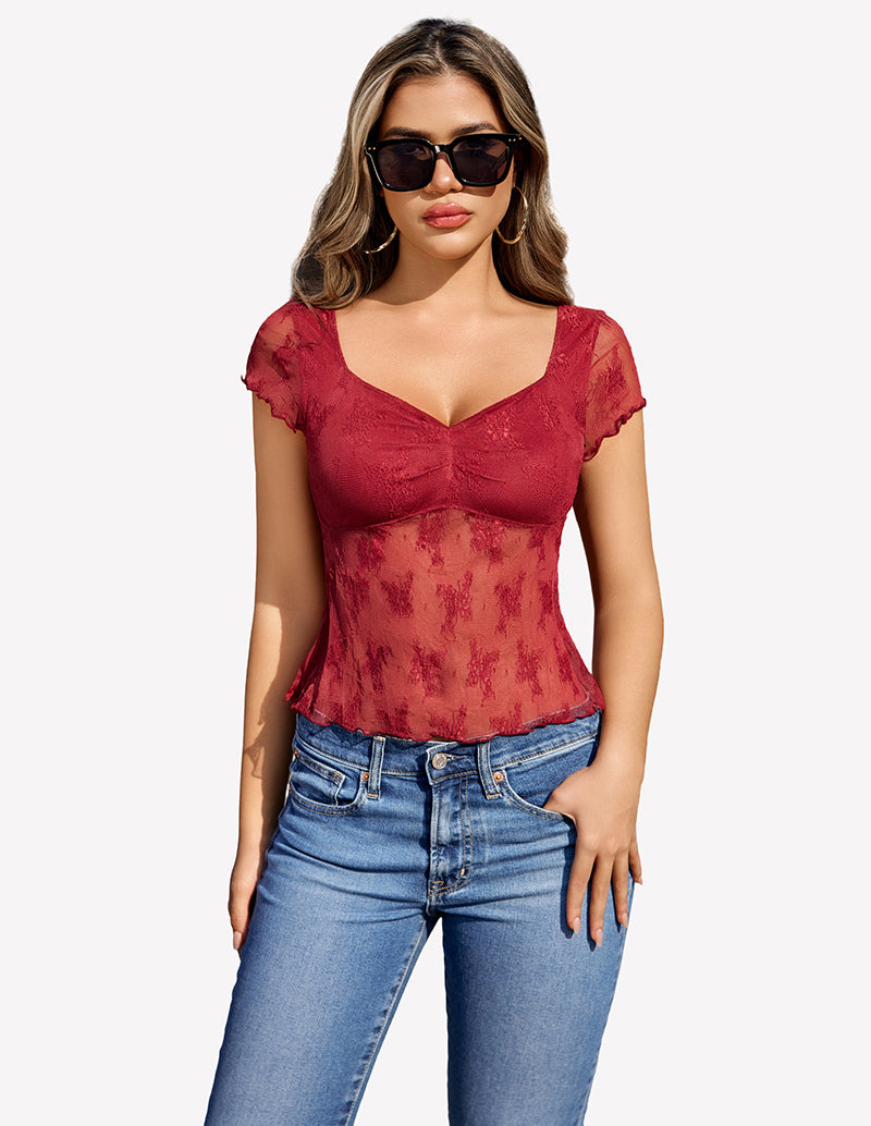Wine red lace mesh short-sleeve floral shirt with V-neck and fitted peplum
