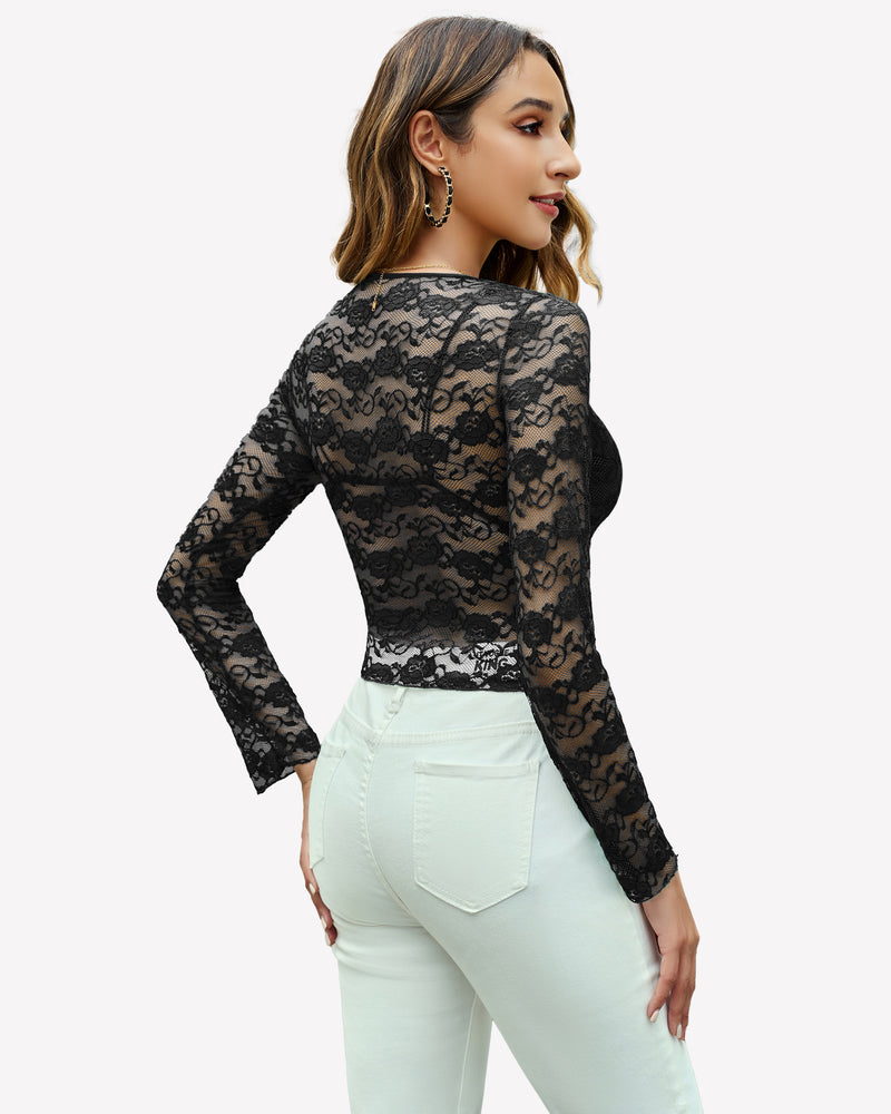 Black mesh lace long-sleeve blouse with open back, floral lace overlay