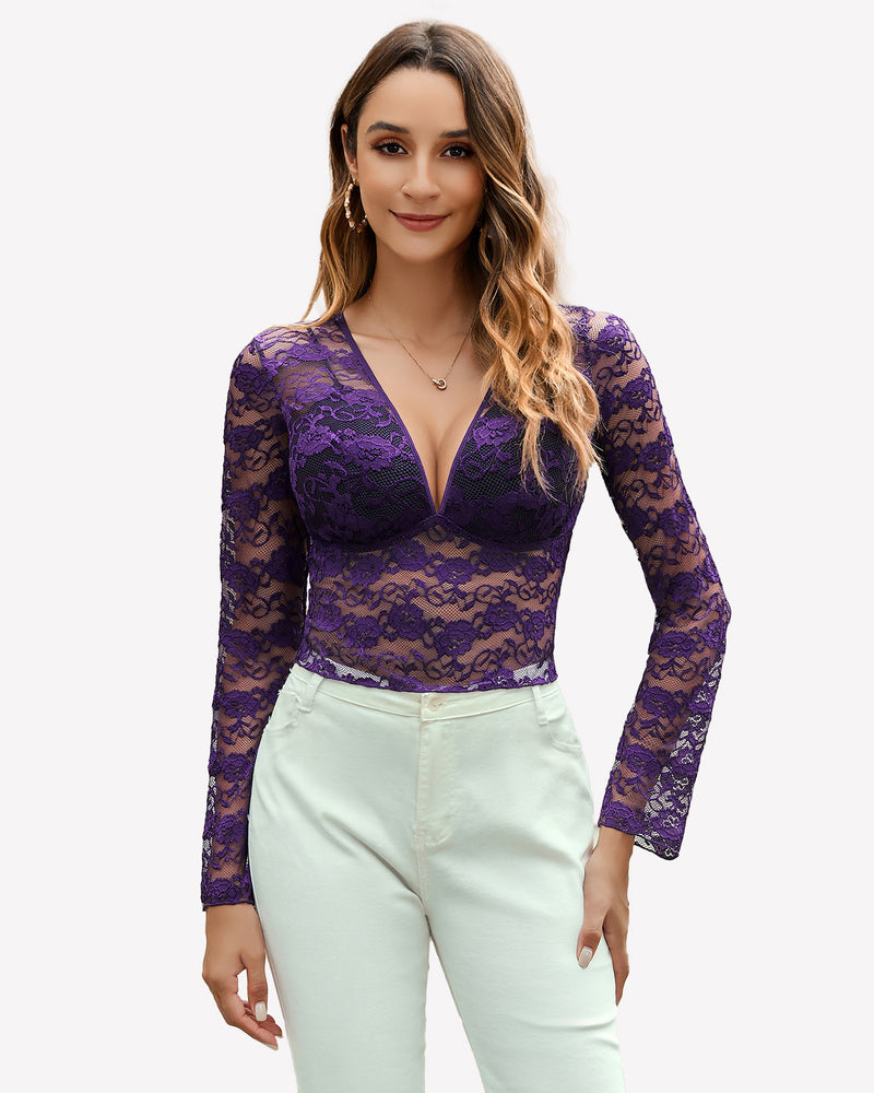 Purple mesh lace long-sleeve blouse with deep V neckline, floral lace pattern