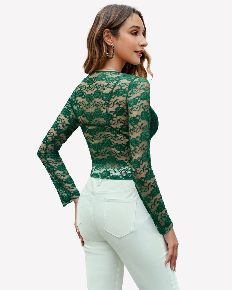 Green mesh long-sleeve lace blouse, open back with floral lace motif