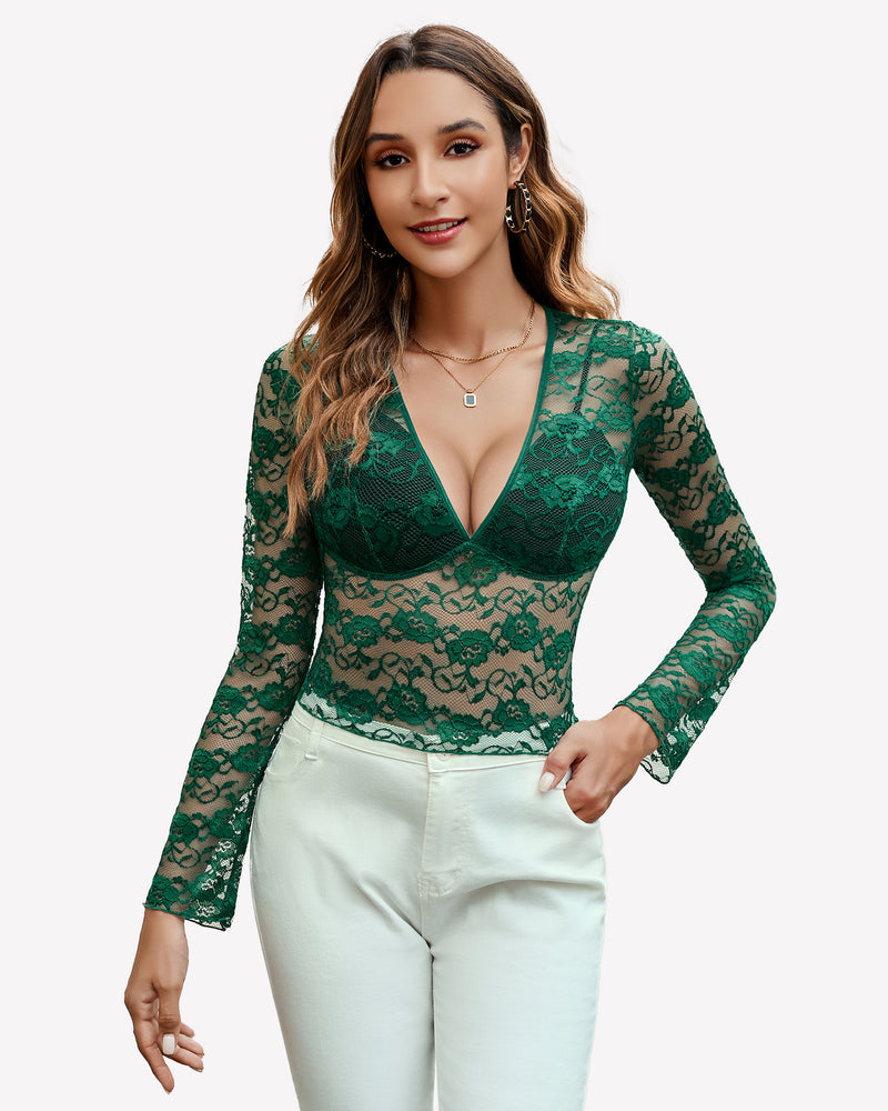 Green mesh long-sleeve lace blouse with V-neck and floral pattern