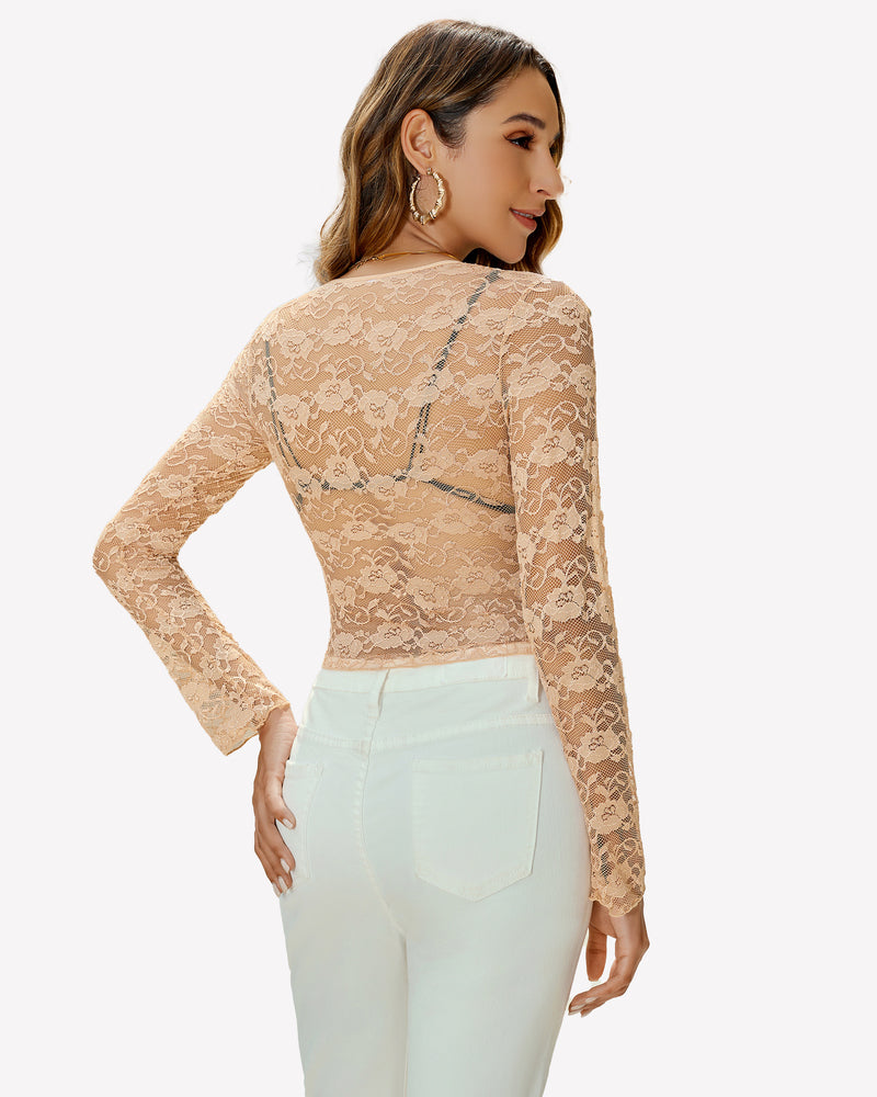 Nude mesh long-sleeve lace blouse with open back floral lace pattern