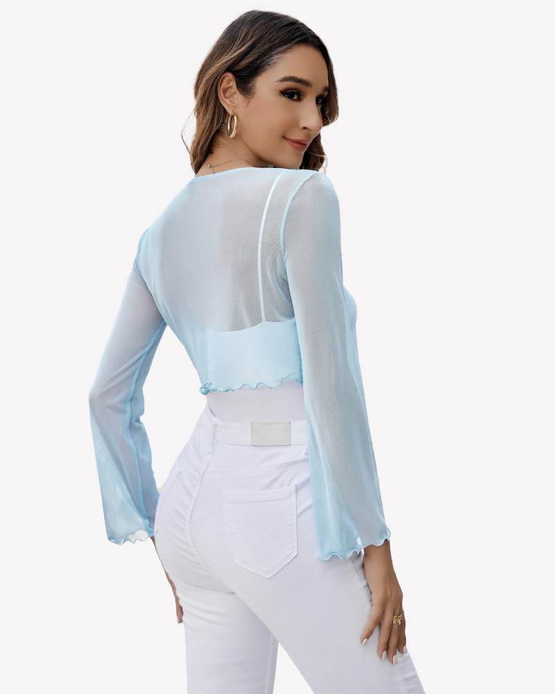 Light blue sheer mesh tie-front shrug top back view, flared hem and long sleeves