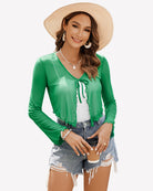 Green sheer mesh tie-front shrug top with V-neck ribbon and long sleeves