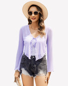 Lilac sheer mesh tie-front shrug top with V-neck ribbon and long sleeves