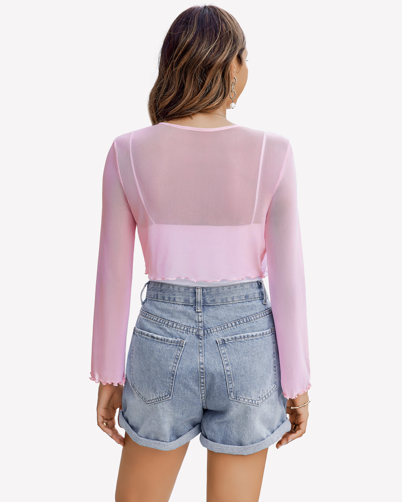 Sheer mesh shrug tie-front shawl top, long sleeves, light pink