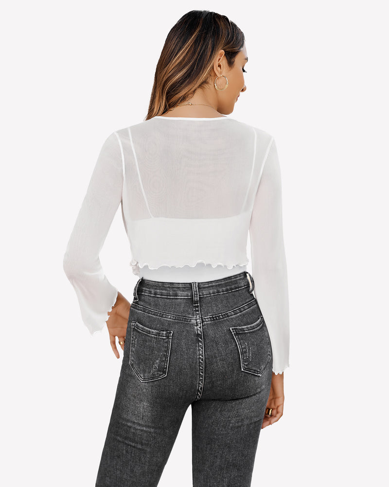 Sheer mesh shrug tie-front shawl top, long sleeves, white, back view