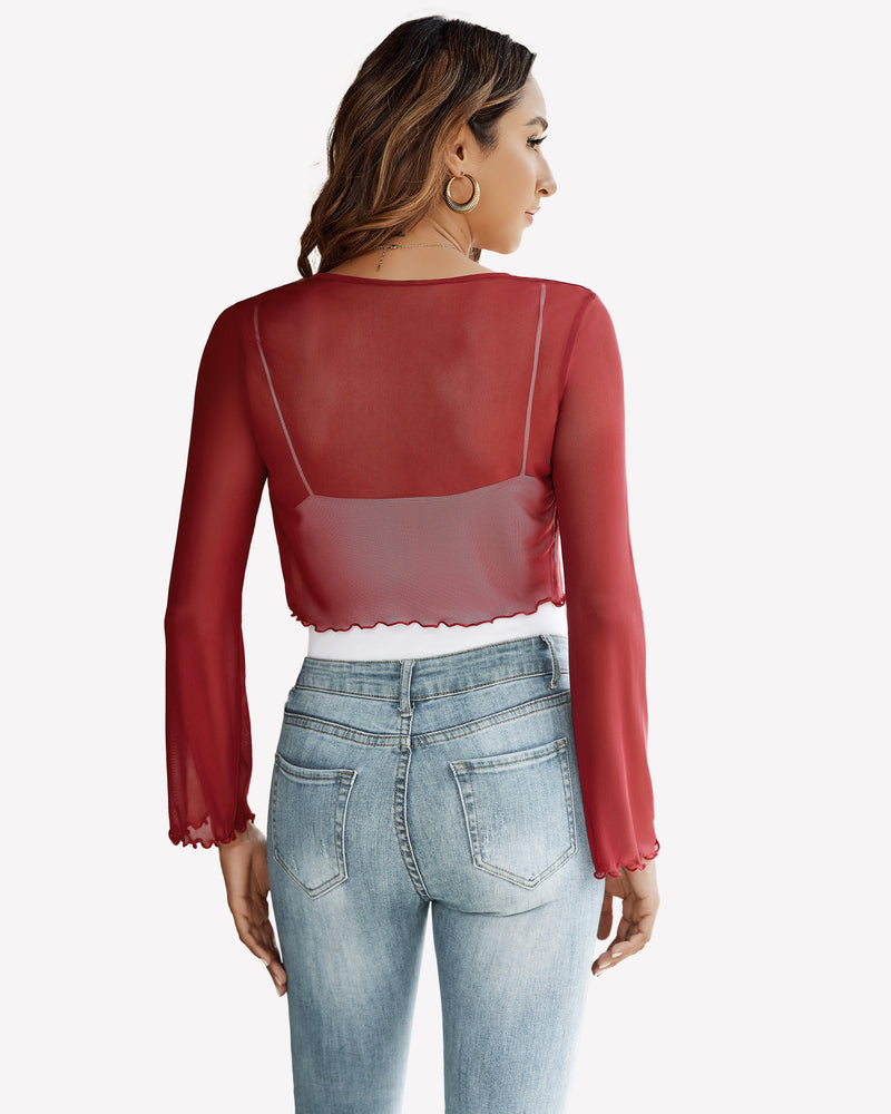 Sheer mesh shrug tie-front shawl top, long sleeves, wine red, back view