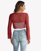 Sheer mesh shrug tie-front shawl top, long sleeves, wine red, back view