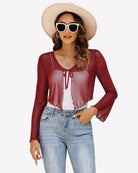 Sheer mesh shrug tie-front shawl top, long sleeves, wine red