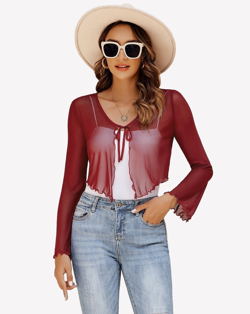 Sheer mesh shrug tie-front shawl top, long sleeves, wine red