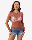 Sheer rust lace mesh long-sleeve top with deep V and contrasting white lace