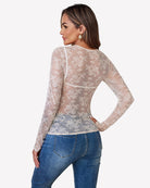 Sheer champagne lace mesh long-sleeve top, back view with floral lace pattern