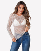 Sheer champagne lace mesh long-sleeve top with white triangle lace overlay