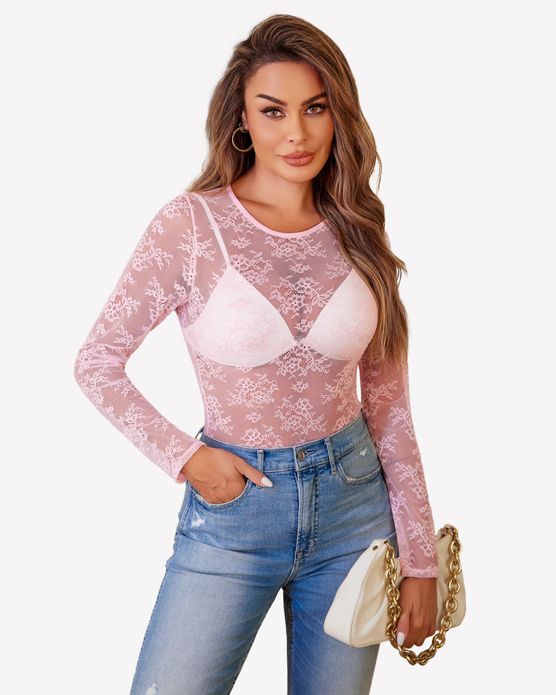 Pink lace mesh long sleeve top with sheer floral pattern and round neckline