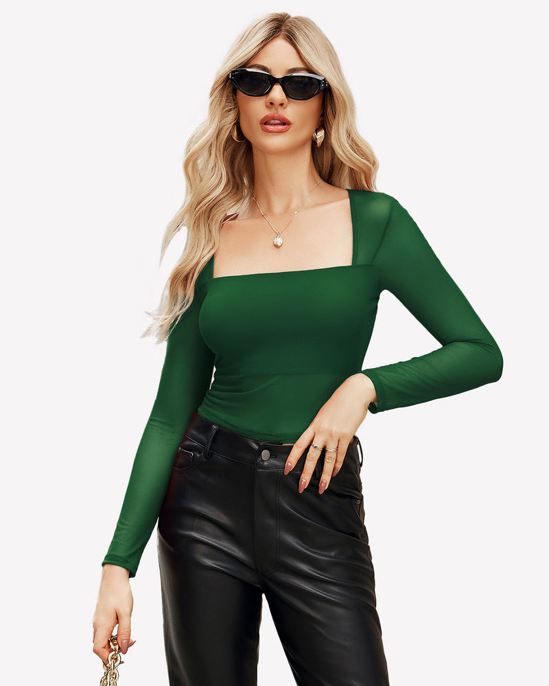 Green square-neck sheer blouse with long sleeves and lining, fitted