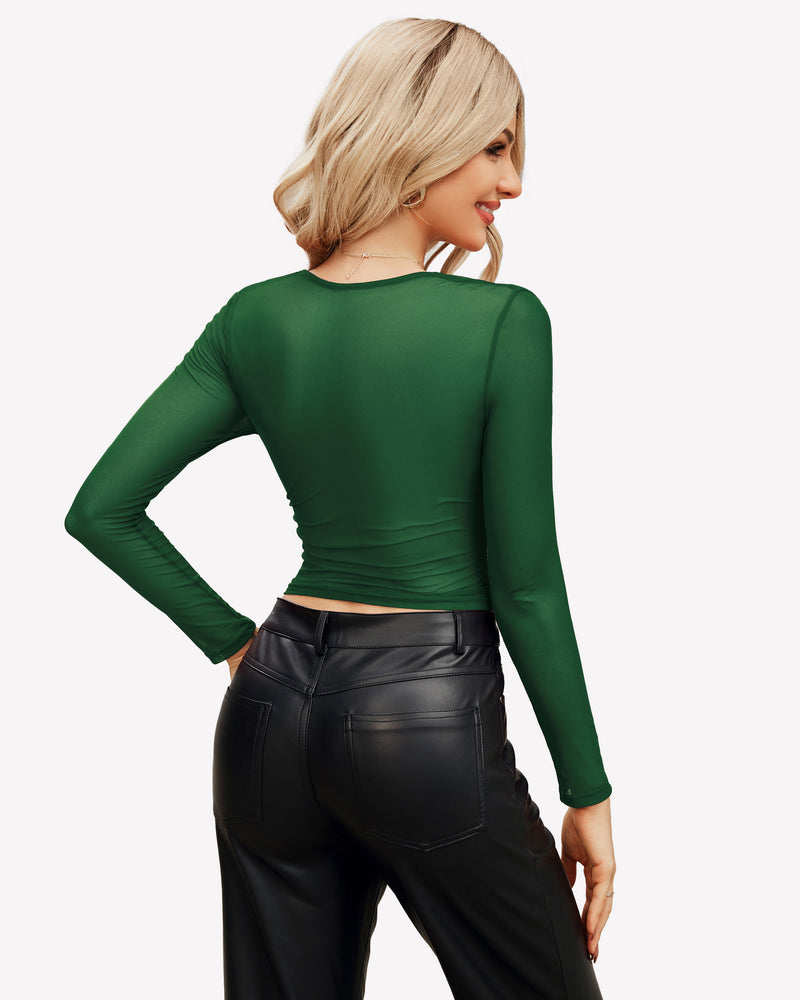 Green square-neck sheer blouse back view with long sleeves and lining