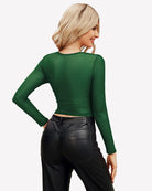 Green square-neck sheer blouse back view with long sleeves and lining