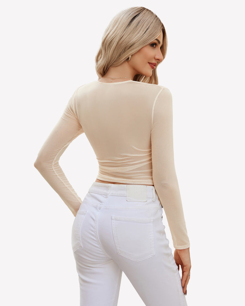 Champagne square-neck sheer blouse back view with long sleeves and lining
