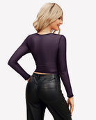 Purple square-neck sheer blouse back view with long sleeves and lining