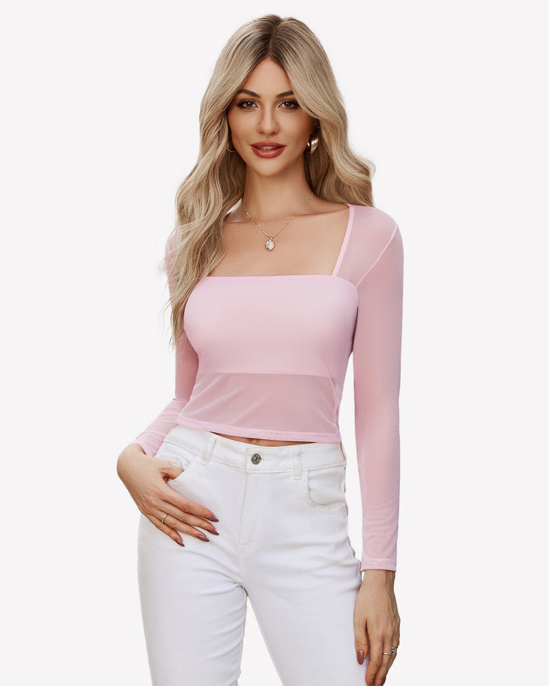 Light pink sheer square-neck blouse with long sleeves and fitted lining