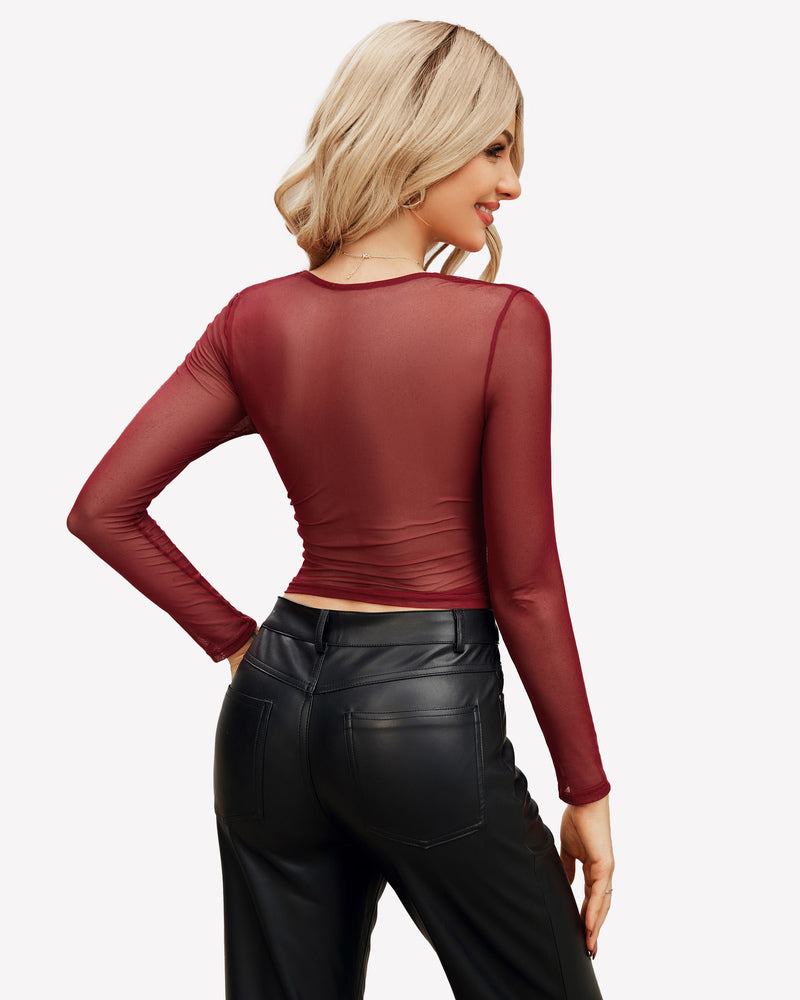 Wine red sheer square-neck blouse from back view with long sleeves