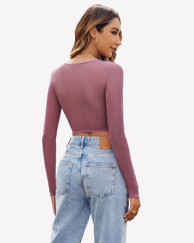 Purple lace long-sleeve sheer crop top, back view