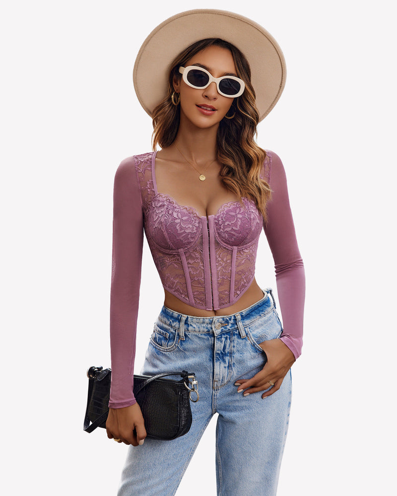 Mauve lace long-sleeve sheer crop top with corset-style front zipper